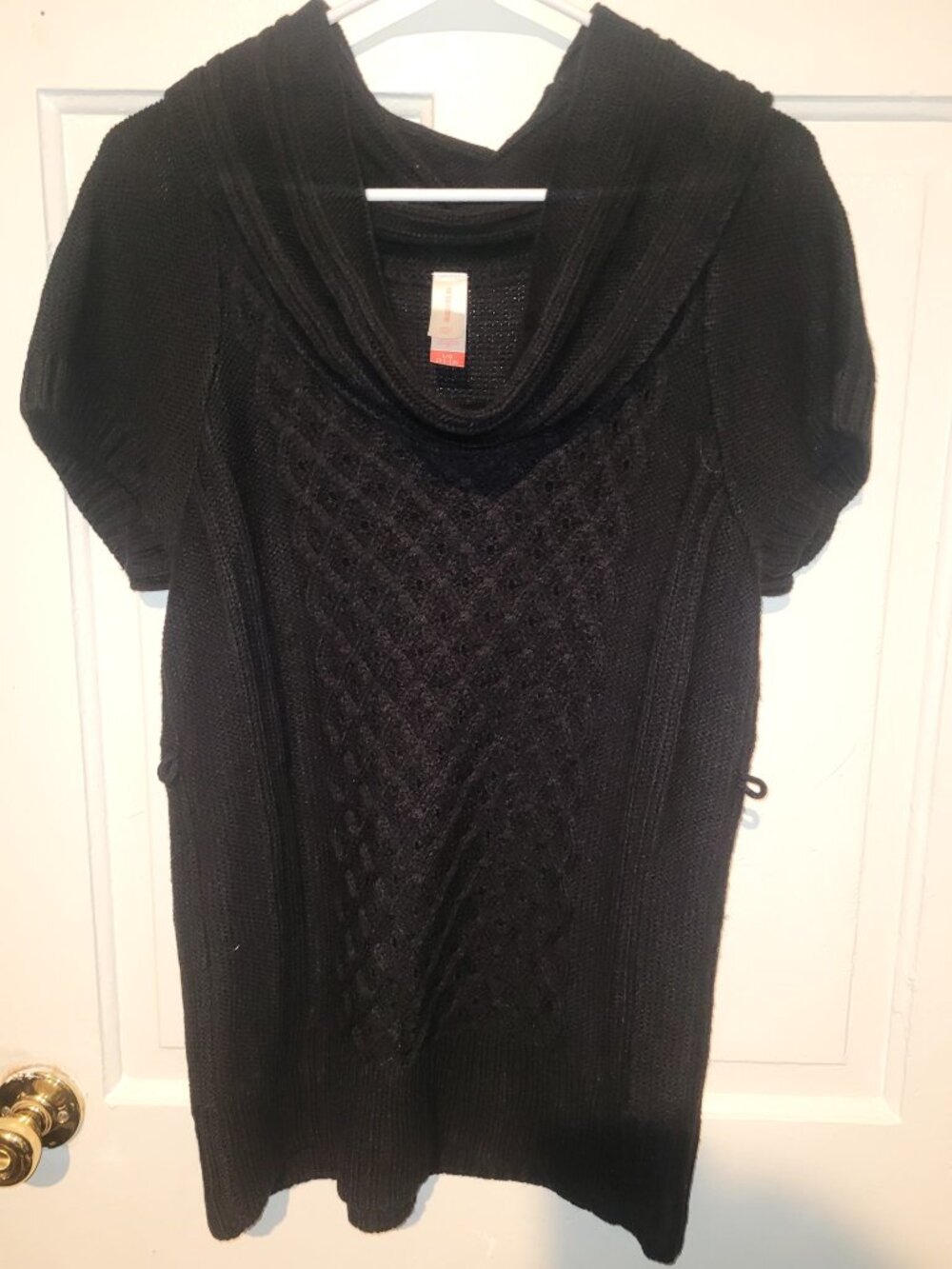 No Boundaries Black Short Sleeve Cowl Neck Cable Knit Top Size L Blouse